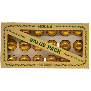 Vintage Holly Glass Ball Christmas Tree Ornaments Box of 18 Gold Original Box